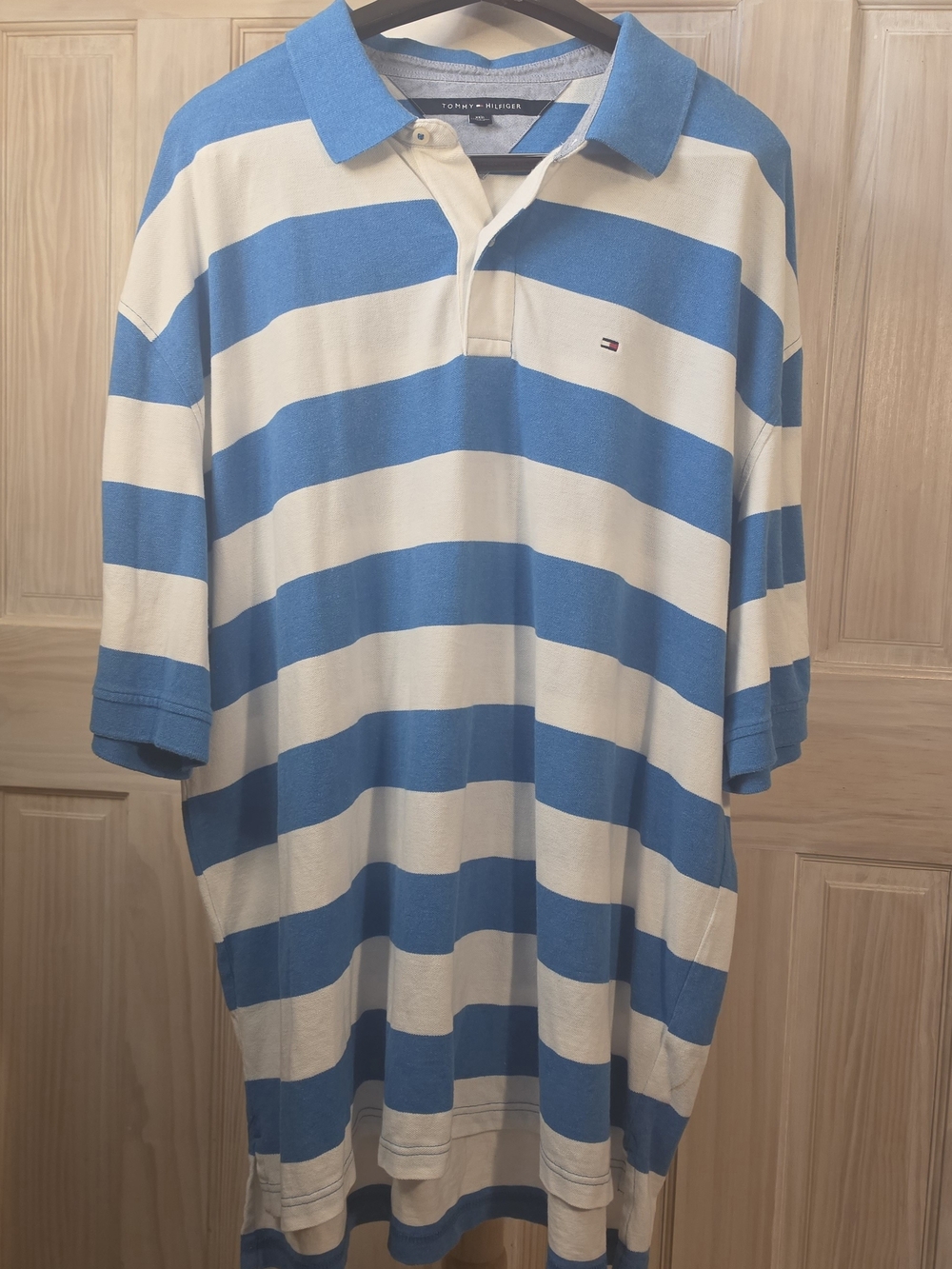 Tommy Hilfiger Blue and White Striped Rugby Polo Size XXXL